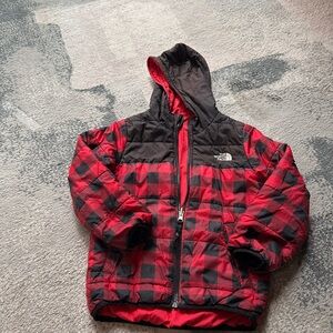 The North Face Red & Black Plaid Hooded Puffer Jacket